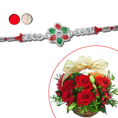 "Silver Coated Rakhi - SIL-6160 A (Single Rakhi) , 15 Red Roses Basket - Click here to View more details about this Product